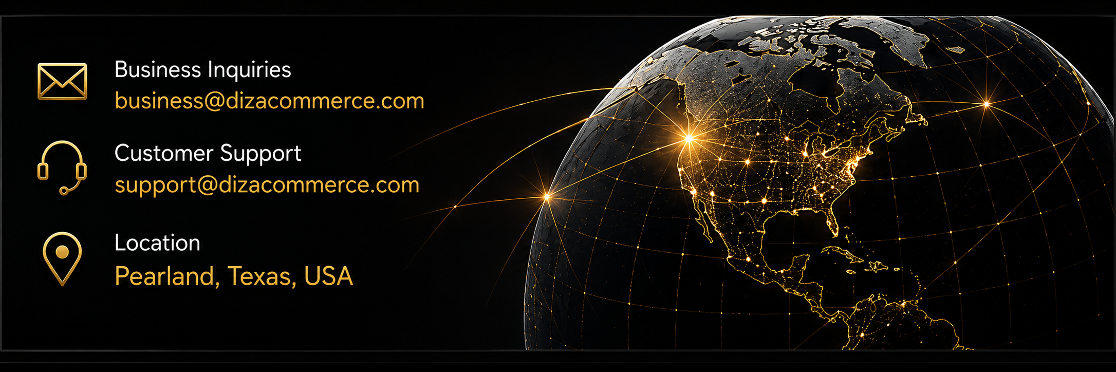 Business inquiries, customer support, and Pearland Texas location with global commerce map