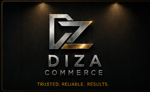 Diza Commerce metallic logo on premium dark wall